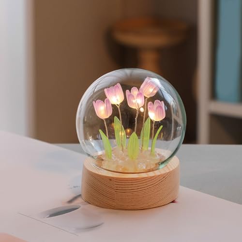 ViaGasaFamido DIY Tulpe Nachtlicht Blume Kristallkugel Nachtlicht Glaskugel Nachtlampe mit Holzsockel Schlafzimmer Schlaflampe Dekor Lampe für Schreibtisch Ornament Geschenke (Lila) von ViaGasaFamido