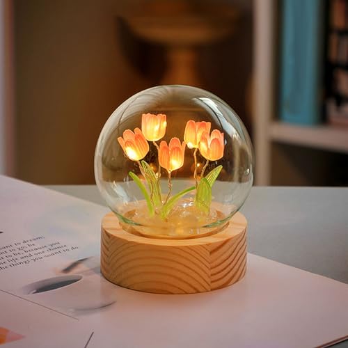ViaGasaFamido DIY Tulpe Nachtlicht Blume Kristallkugel Nachtlicht Glaskugel Nachtlampe mit Holzsockel Schlafzimmer Schlaflampe Dekor Lampe für Schreibtisch Ornament Geschenke (Rosa) von ViaGasaFamido