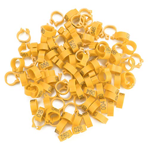 Vogelbeinbänder Ringe, 100PCS/Beutel 8MM Plastikbuchstabentaube Vogelbeinbänder Ringe 001-100 Nummerierte Geflügelbeinbänder Robuster Clip-On-Ring für Bird Chicks Ducks Chicken[Gelb]Fütterungsgeräte von ViaGasaFamido