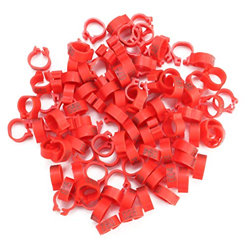 ViaGasaFamido Vogelbeinbänder Ringe, 100PCS/Beutel 8MM Plastikbuchstabentaube Vogelbeinbänder Ringe 001-100 Nummerierte Geflügelbeinbänder Robuster Clip-On-Ring für Bird Chicks Ducks Chicken(rot) von ViaGasaFamido