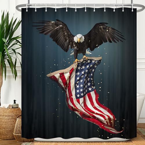 Duschvorhang mit amerikanischer Flagge, 4. Juli, patriotischer Duschvorhang, amerikanische Flagge mit fliegendem Weißkopfseeadler, Badezimmervorhang, Vintage-Flagge, Duschvorhang mit Haken, 178 x 178 von Viajar