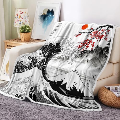 Japanische Decke, Kirschblüten-Fleece, Überwurfdecke, Fuji-Decke, Kirschzweige im japanischen Stil, Sakura, asiatisch, Japan, weiche, gemütliche Decke, 127 x 152,4 cm von Viajar