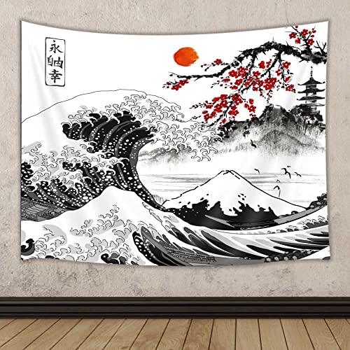 Japanischer Wandteppich, Kanagawa Große Welle Wandteppich, Kirschblütenbaum mit Sonne, schwarz-weißer Mount Fuji mit Kirschblüten, Sakura-Blumen-Wandteppich für Heimdekoration, 202,4 x 152,4 cm von Viajar