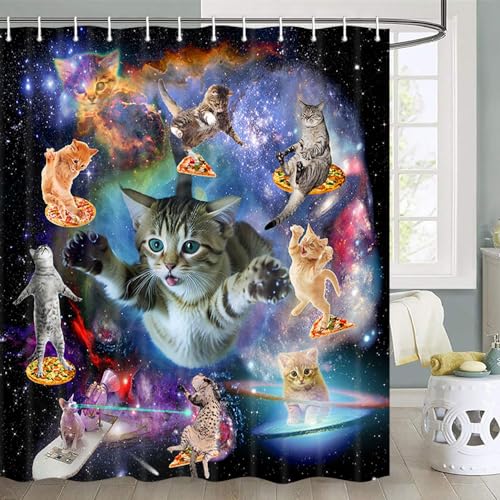 Katzen-Duschvorhang, coole Katzen im Weltraum, lustiger Duschvorhang für Kinder, Badezimmer, lustige Tier-Katzen-Badezimmerdekoration, Katzen-Duschvorhang-Set mit Haken, 183 x 183 cm von Viajar