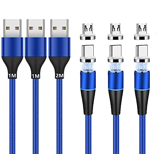 Magnetisches Ladekabel (1m+1m+2m,3 Stück) USB C/Typ C/Micro USB 2-in-1 Magnet USB Kabel 3A Schnellladung und Datensynchronisation LED Ladekabel Kompatibel mit Alles Android Phone Smartphone (Blau) von Vialex