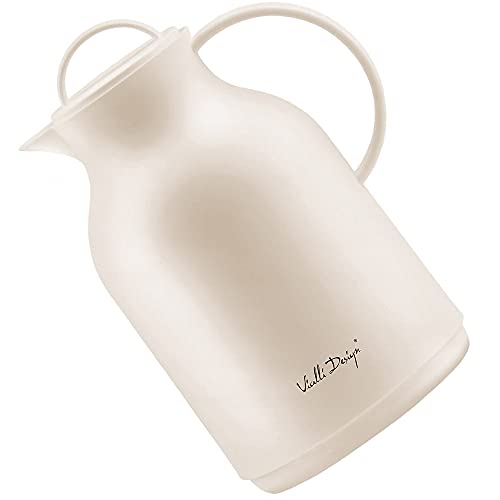 Vialli Design AMO Thermoskanne mit Glasfüllung 1L Cremefarben | Hält Getränke bis zu 24 Stunden Warm oder Kalt | Für Kaffee, Tee, Säfte, kalte und heiße Getränke von Vialli Design