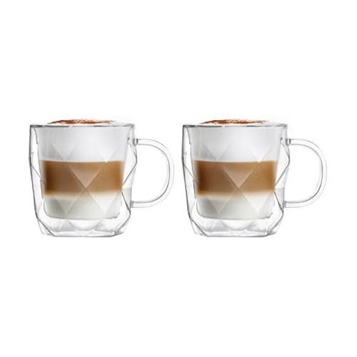 Vialli Design Set 2 x Thermogläser Doppelwandig mit Henkel 330 ml, Gläser für Latte Macchiato, Cappuccino, Geo Kollektion, Latte Tassen, Kaffeetassen, Kaffeegläser, Hitzebeständiges Glas, Transparente von Vialli Design