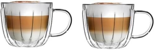 Vialli Design Set 2 x Thermoisolierten TULIP 350 ml Breite Tassen mit Henkel | Glasbecher zum Servieren von Kaffee, Espresso, Tee Kaltgetränken und Getränken von Vialli Design