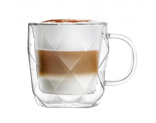 Vialli Design Thermogläser Doppelwandig mit Henkel 450 ml, Großes Gläser für Latte Macchiato, Cappuccino, Geo Kollektion, Latte Tassen, Kaffeetassen, Kaffeegläser, Hitzebeständiges Glas, Transparente von Vialli Design