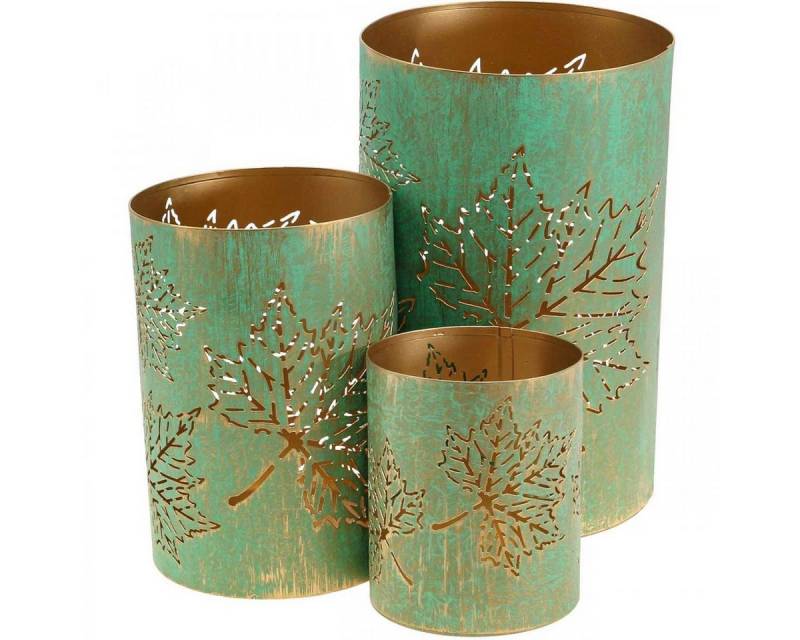 Viana Kerzenhalter 3er Set Windlichter Herbst, Vintage Teelichthalter Metall in Gold & von Viana