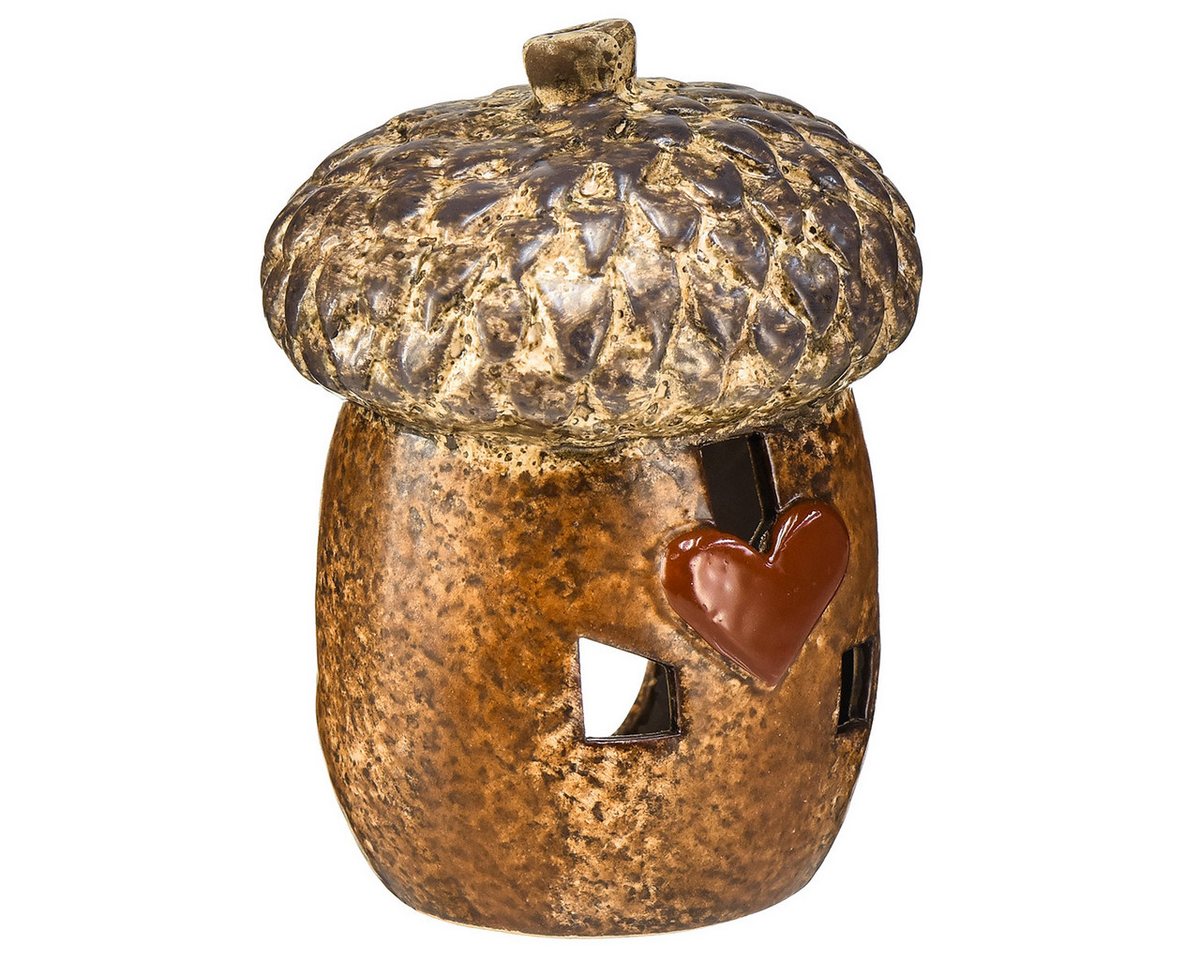 Viana Streudeko Windlicht Eichel Braun 15,4cm Herbstdeko Herzmotiv Keramik von Viana