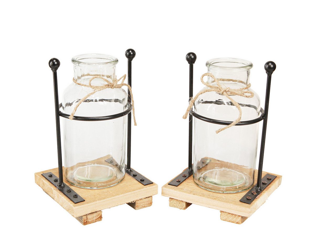 Viana Tischvase Deko-Vasen Glas Flaschenvase auf Holzsockel Vintage 12×12×20cm 4er von Viana