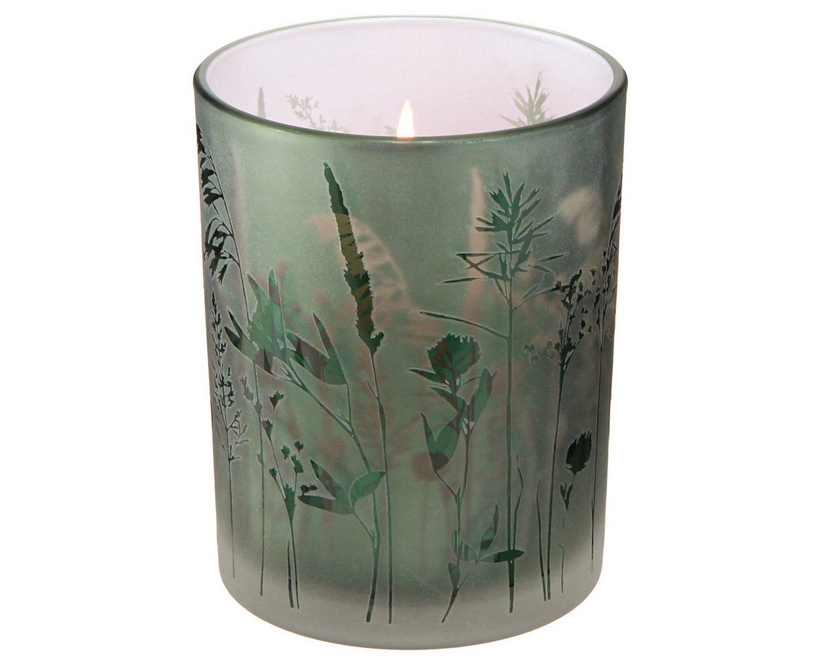 Viana Tischvase Deko Windlicht Glas Grün Weiß Wiesenmotiv 12,5cm Set 2 von Viana