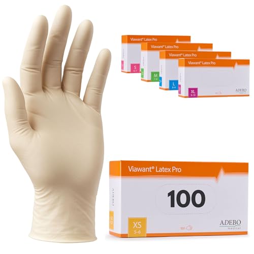Latexhandschuhe 100 Stück | XS | Puderfreie Latex Handschuhe Weiß | Texturiert, reißfest & elastisch | Untersuchungshandschuhe Einweg für Pflege & Kosmetik | Gr. XS, S, M, L, XL von Viawant