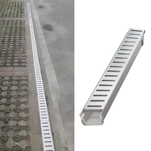 Vibeo Entwässerungsrinne 10 cm Breiter Linearer Grabenablauf mit Stangenloch, 60 cm Langer Kanal mit Abflussgitter aus Edelstahl 304 und Harzrohr, Robuste Regenablaufrinne(W10cm(4") xH4cm(1 5/8")) von Vibeo