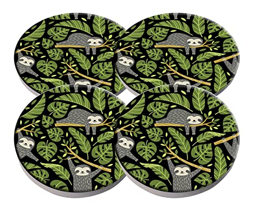 Vibiliyou Getränkeuntersetzer mit tropischen Palmenblättern, exquisite niedliche Faultiere, Keramik-Untersetzer mit Korkeinsatz, 4-teiliges Set von Vibiliyou