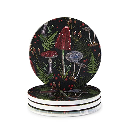 Vibiliyou Set mit 4 niedlichen Vintage-Pilz-Untersetzern, hergestellt aus saugfähiger Keramik im Boho-Cottagecore-Design mit botanischen Farnmustern in Rot und Schwarz, perfekt zum Schutz von von Vibiliyou
