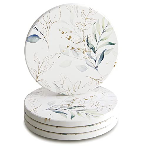 Vibiliyou Set of 4 Cute Spring Leaves Floral Ceramic Absorbent Cup Coasters,Featuring Green and Gold Plant Leaf Designs as Gifts for Drinks and Tabletop Protection,ideal for Housewarming Decor Vibiliyou Set of 4 Cute Spring Leaves Floral Ceramic Absorbent Cup Coasters,Featuring Green and Gold Plant Leaf Designs as Gifts for Drinks and Tabletop Protection,ideal for Housewarming Decor von Vibiliyou