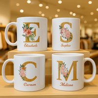 Personalisierte Tasse Mit Blumen-Monogramm - Geschenk Name Keramiktasse Buchstabe Individuelle Kaffeetasse Für Frauen & Freundin von Viblora