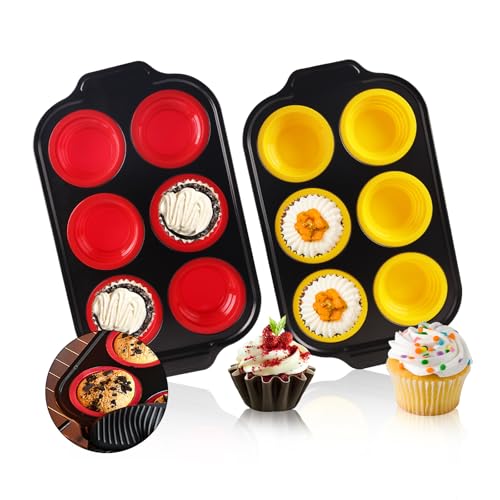 Vicalo Muffinblech, 2 Stück Mini-Silikon-Kohlenstoffstahl-Muffinform, für 12 Muffins, Antihaftbeschichtet Backform, für Papierbecherkuchen, Muffinbackformen Backblech (Rot and Gelb) von Vicalo