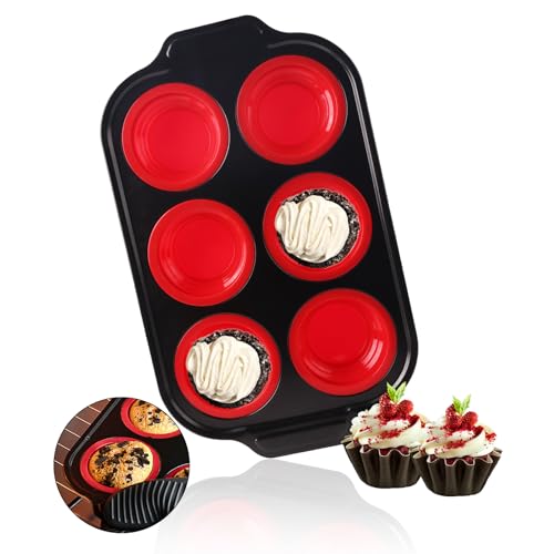 Vicalo Muffinblech, Mini-Silikon-Kohlenstoffstahl-Muffinform, für 6 Muffins, Antihaftbeschichtet Backform, für Papierbecherkuchen, Muffinbackformen Backblech (Rot) von Vicalo