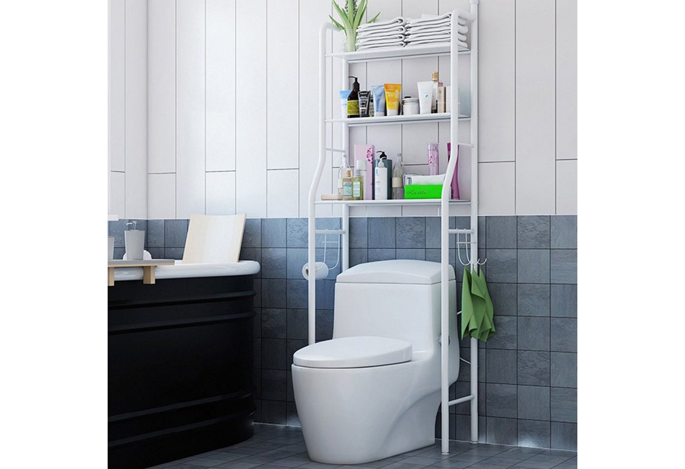 Vicbuy Badregal Standregal mit 3 Haken, 3 Etagen Stahl Toilettenregal, WC-Regal, Metall Badezimmerregal, Aufbewahrungsregal, Waschmaschinenregal, für Badezimmer, 153*48*26cm von Vicbuy