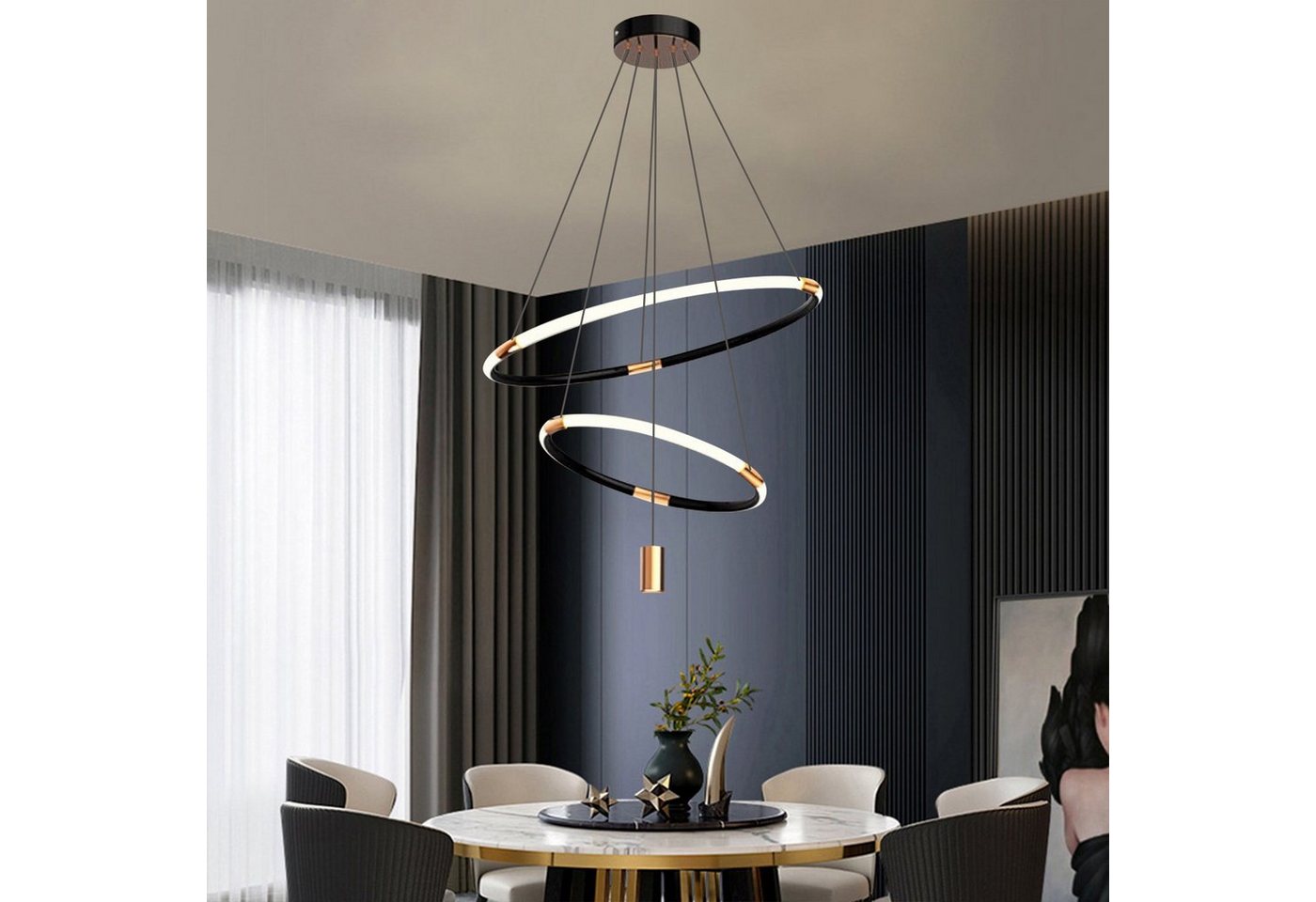 Vicbuy Pendelleuchte, LED Pendelleuchten, Esszimmer Pendellampe, Kreative 2 Ringe mit Strahler Deckenleuchte,Stufenlos dimmbare Wohnzimmerdeckenlampe, Mit Fernbedienung, 3 Lichtfarben, Küche,Schlafzimmer, ø 35/55cm von Vicbuy