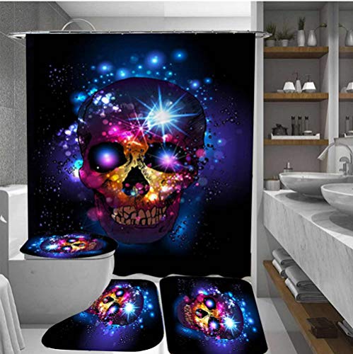 Viccc Scary Rusty Rotten Skull Halloween Duschvorhang rutschfeste Badematte Set Wasserdicht Polyester Badezimmermatte Teppich Deckel Toilettendeckel von Viccc