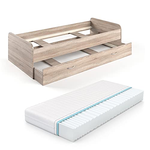 VitaliSpa Ausziehbett 90x200 cm Enzo mit Matratze - Sonoma 203x52x94 cm aus Spanplatte - Bett Kinder- und Jugendzimmer, mit zusätzlichem Gästebett von VitaliSpa
