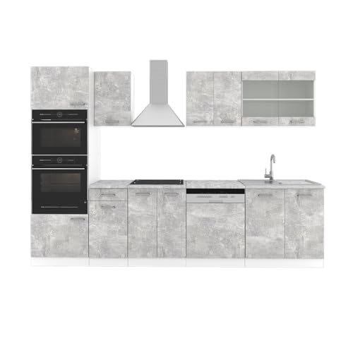 Vicco Küchenzeile R-Line, Beton/Weiß, 300 cm mit Hochschrank, mit Arbeitsplatte von Vicco