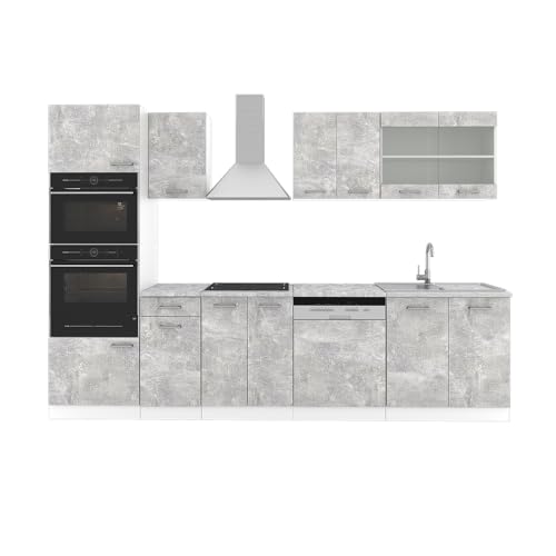 Vicco Küchenzeile R-Line, Beton/Weiß, 300 cm mit Hochschrank, AP Marmor von Vicco