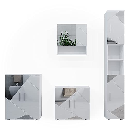 Vicco Badmöbel-Set Weiß Hochglanz mit Einsätzen Irma, bestehend aus Badspiegelschrank, Waschbeckenunterschrank, Midischrank, Hochschrank - Versteckter Stauraum hinter eleganten Türen von Vicco