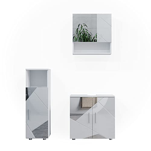 Vicco Badmöbel-Set Weiß Hochglanz mit Einsätzen Irma, bestehend aus Bad Spiegelschrank, Waschbeckenunterschrank, Midischrank - Versteckter Stauraum hinter eleganten Türen von Vicco