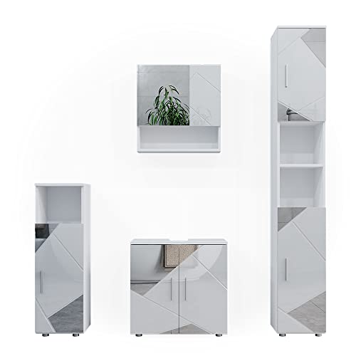 Vicco Badmöbel-Set Weiß Hochglanz mit Einsätzen Irma, bestehend aus Badspiegelschrank, Waschbeckenunterschrank, Midischrank, Hochschrank - Versteckter Stauraum hinter eleganten Türen von Vicco