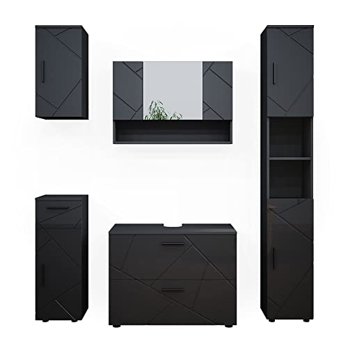 Vicco Badmöbel-Set Anthrazit Hochglanz Irma, bestehend aus Bad Spiegelschrank, Midischrank, Hängeschrank, Waschbeckenunterschrank, Hochschrank - Versteckter Stauraum hinter eleganten Türen von Vicco