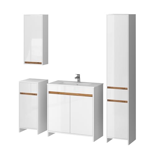 Vicco Badmöbel-Set Weiß Hochglanz Lemgo, bestehend aus Waschbeckenunterschrank, Waschbecken, Hängeschrank, Hochschrank, Midischrank - Platz für Putz- und Reinigungsmittel von Vicco
