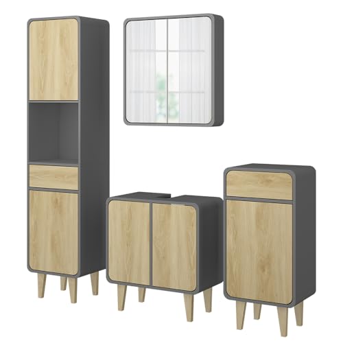 Vicco Badmöbel-Set Anthrazit/Eiche Arla, bestehend aus Badspiegelschrank, Waschbeckenunterschrank, Midischrank, Hochschrank - Trendige Farbvarianten für individuelle Gestaltung von Vicco