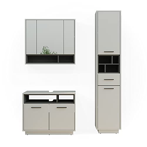 Vicco Badmöbel-Set Grau Beatrice, bestehend aus Bad Spiegelschrank, Waschbeckenunterschrank, Hochschrank - Harmonische Farb- und Materialkombinationen von Vicco