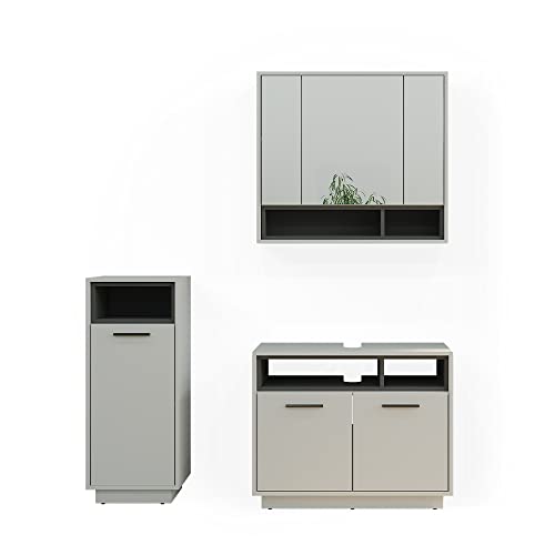 Vicco Badmöbel-Set Grau Beatrice, bestehend aus Bad Spiegelschrank, Waschbeckenunterschrank, Midischrank - Harmonische Farb- und Materialkombinationen von Vicco
