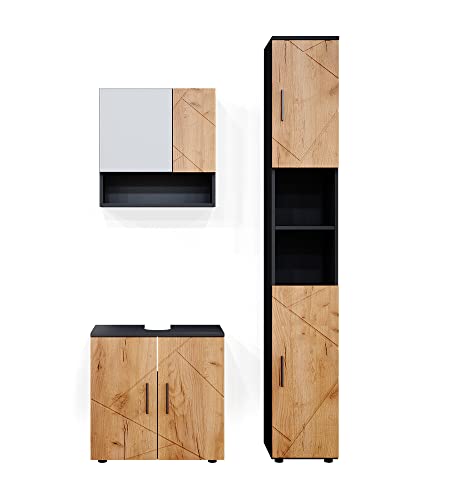 Vicco Badmöbel-Set Goldkraft Eiche/Anthrazit Irma, bestehend aus Bad Spiegelschrank, Waschbeckenunterschrank, Hochschrank - Versteckter Stauraum hinter eleganten Türen von Vicco