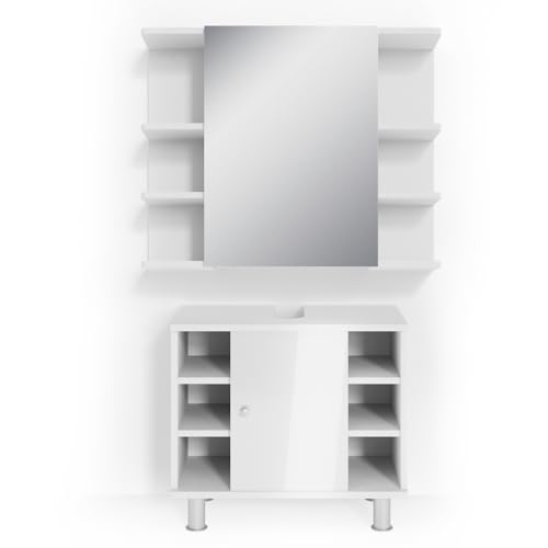 Vicco Badmöbel-Set Weiß Hochglanz Fynn, bestehend aus Waschbeckenunterschrank, Bad Spiegelschrank - Offene und geschlossene Fächer für Flexible Aufbewahrung von Vicco