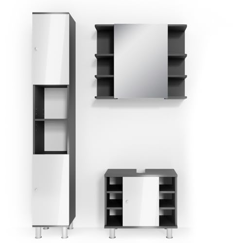 Vicco Badmöbel-Set Anthrazit Fynn, bestehend aus Bad Spiegelschrank, Waschbeckenunterschrank, Hochschrank - mit Fächern für Flexible Aufbewahrung von Vicco