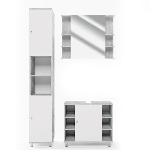 Vicco Badmöbel Set Fynn, Beton/Weiß, 3 Teile, mit Hochschrank von Vicco