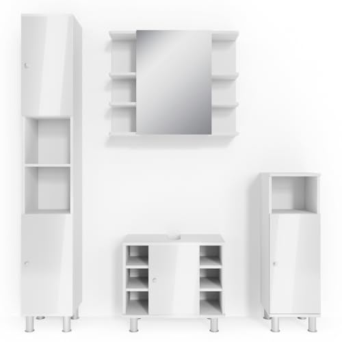 Vicco Badmöbel-Set Weiß Hochglanz Fynn, bestehend aus Badspiegelschrank, Waschbeckenunterschrank, Midischrank, Hochschrank - Offene und geschlossene Fächer für Flexible Aufbewahrung von Vicco