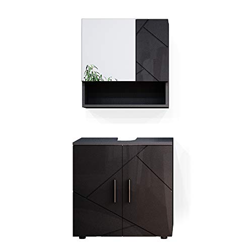 Vicco Badmöbel-Set Anthrazit Hochglanz Irma, bestehend aus Bad Spiegelschrank, Waschbeckenunterschrank - Versteckter Stauraum hinter eleganten Türen von Vicco