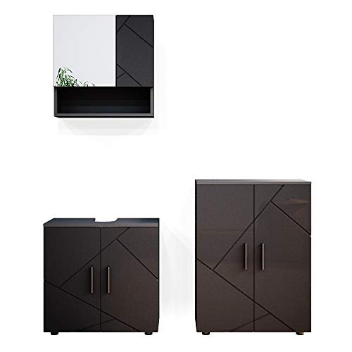 Vicco Badmöbel-Set Anthrazit Hochglanz Irma, bestehend aus Bad Spiegelschrank, Waschbeckenunterschrank, Midischrank - Versteckter Stauraum hinter eleganten Türen von Vicco