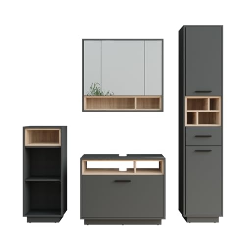 Vicco Badmöbel-Set Anthrazit/Sonoma Beatrice, bestehend aus Badspiegelschrank, Waschbeckenunterschrank, Midischrank, Hochschrank - Harmonische Kombination für EIN stimmiges Bild von Vicco