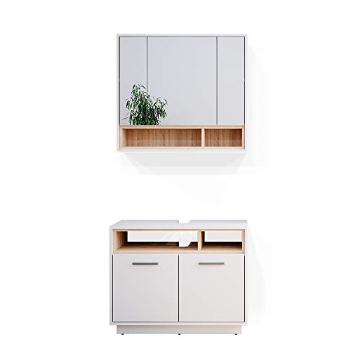 Vicco Badmöbel-Set Weiß Beatrice, bestehend aus Bad Spiegelschrank, Waschbeckenunterschrank - Harmonische Farb- und Materialkombinationen von Vicco