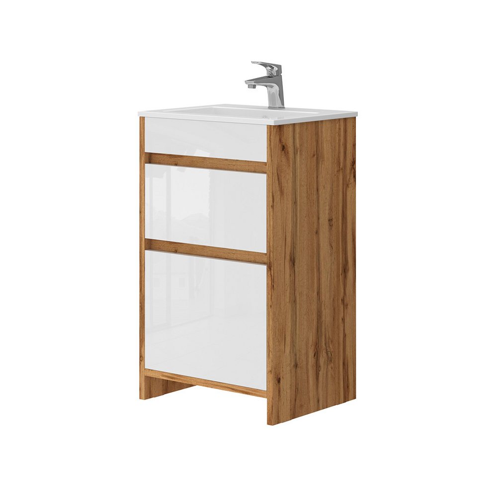 Vicco Badmöbel-Set Detmold GK Eiche/Weiß HG 2 Teile mit Waschbecken 2 Schubladen, (2-St., 2er Set) von Vicco