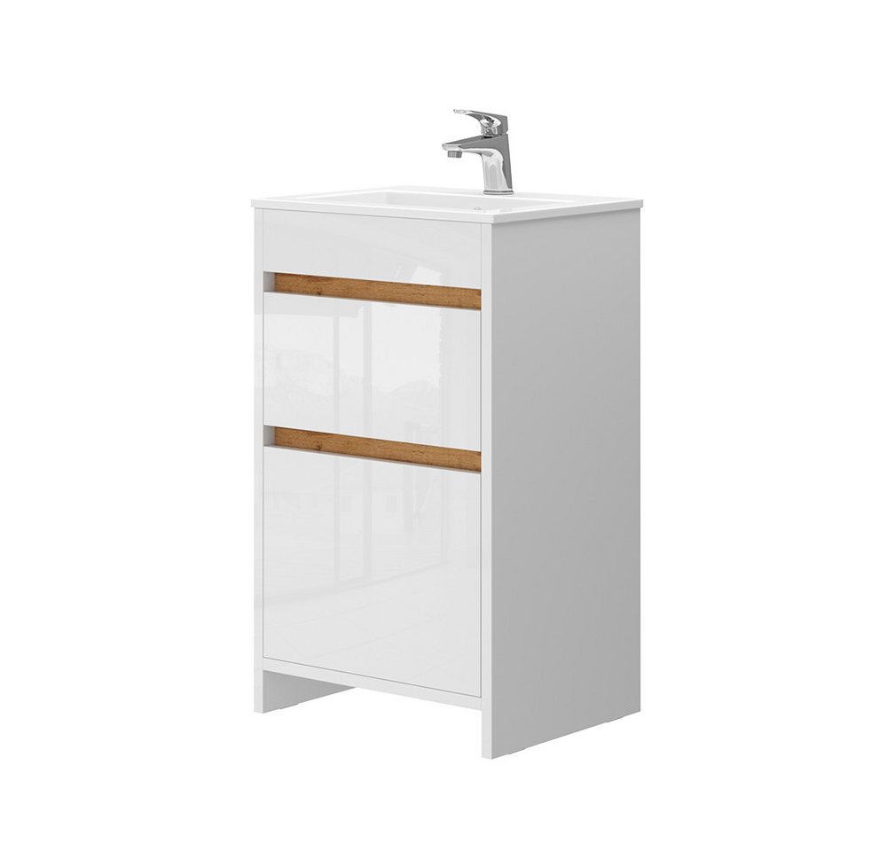 Vicco Badmöbel-Set Detmold Weiß/Weiß HG 2 Teile mit Waschbecken und 2 Schubladen, (2-St., 2er Set) von Vicco
